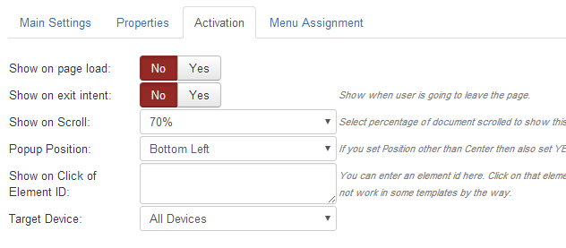 Popup Activation Options