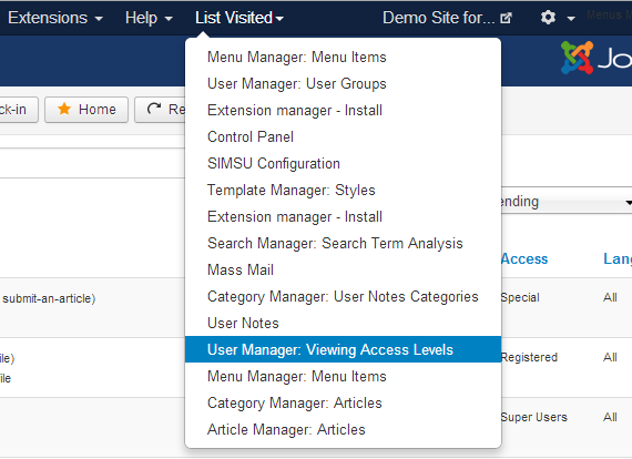 Joomla admin last visited links menu