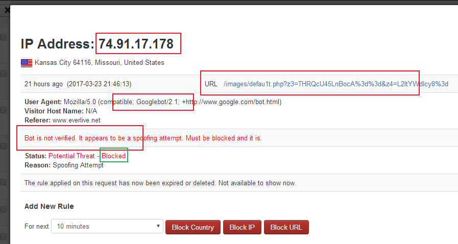 Blocking a hacking attempt made through spoofing googlebot useragent