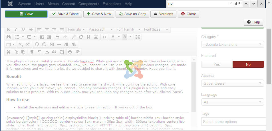 Ev Super Undo for Joomla