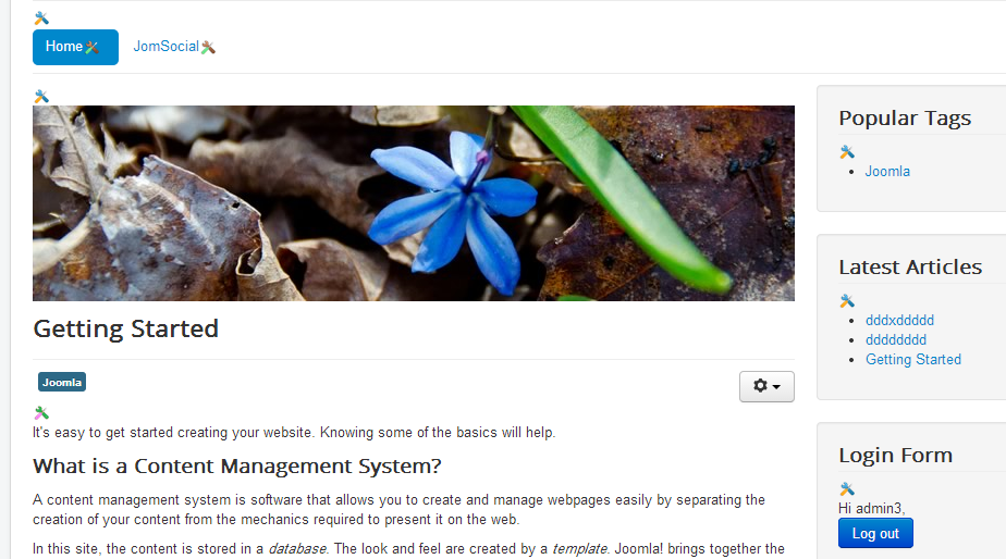Joomla admin section appears in front-end.